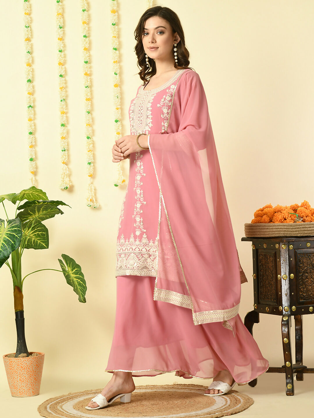 Myshka Women's Pink Georgette Kurta & Skirt With Dupatta Party Sets - Distacart