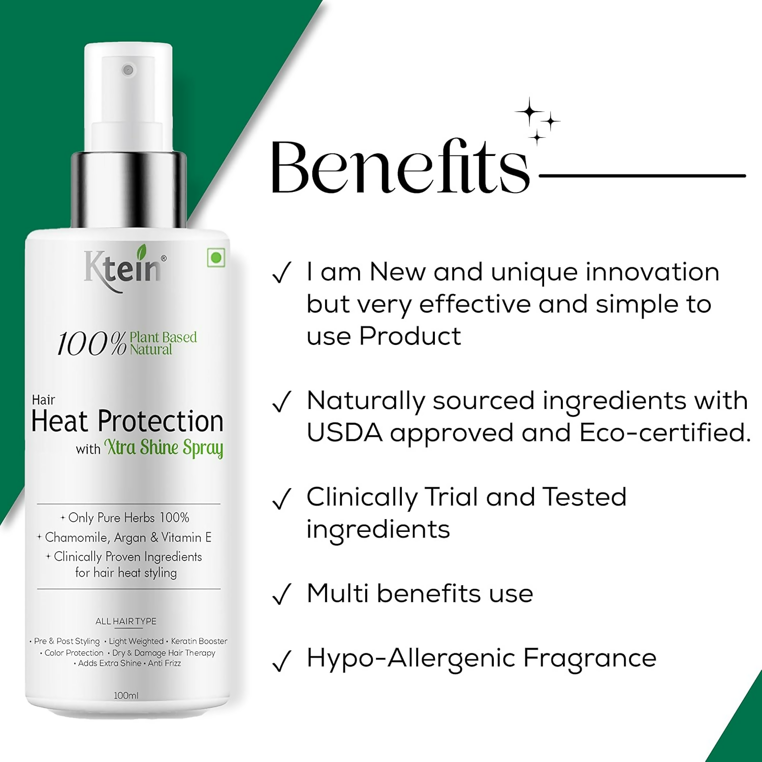 Ktein 100% Plant Based Hair Heat Protection Spray With Extra Shine Chamomile Argan And Vitamin E - Distacart