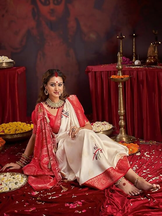 Joban Fashion Satin Silk Off White Floral Printed Saree