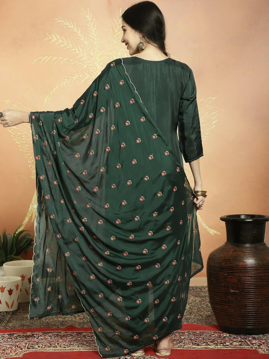 Aastha Fashion Women's Green Upada Silk Floral Resham Thread Kurta with Trouser & Dupatta - Distacart