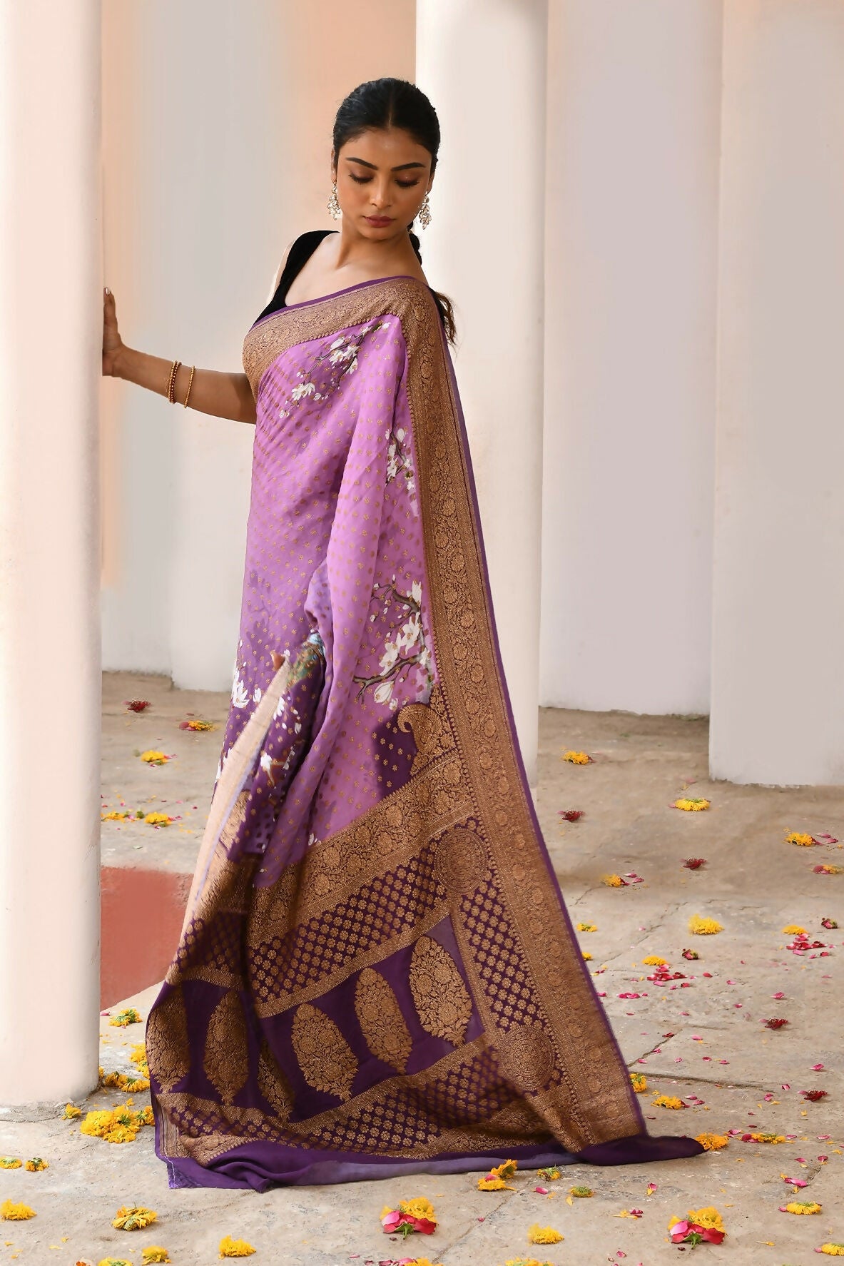 Joban Fashion Plum Purple Crepe Chiffon Pure Handloom Banarasi Silk Saree
