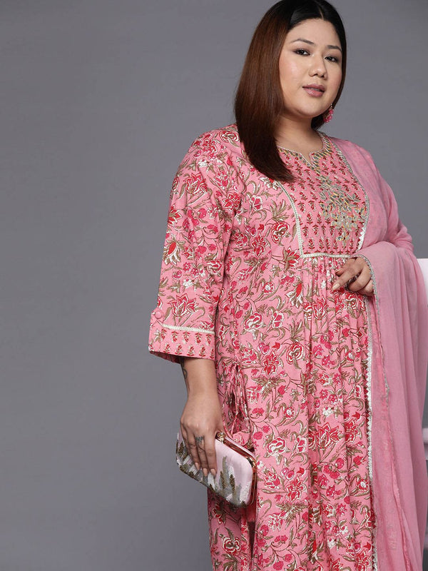 Sztori Plus Size Floral Printed Gotta Patti Cotton Straight Kurta & Trousers With Dupatta - Distacart