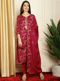 Thumbnail for Aastha Fashion Women's Red Pashmina Floral Digital Printed Kurta with Trouser & Dupatta - Distacart