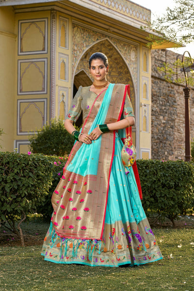 Vastranavya Traditional Jacquard Silk Paithani Lehenga Choli - Sky Blue - Distacart