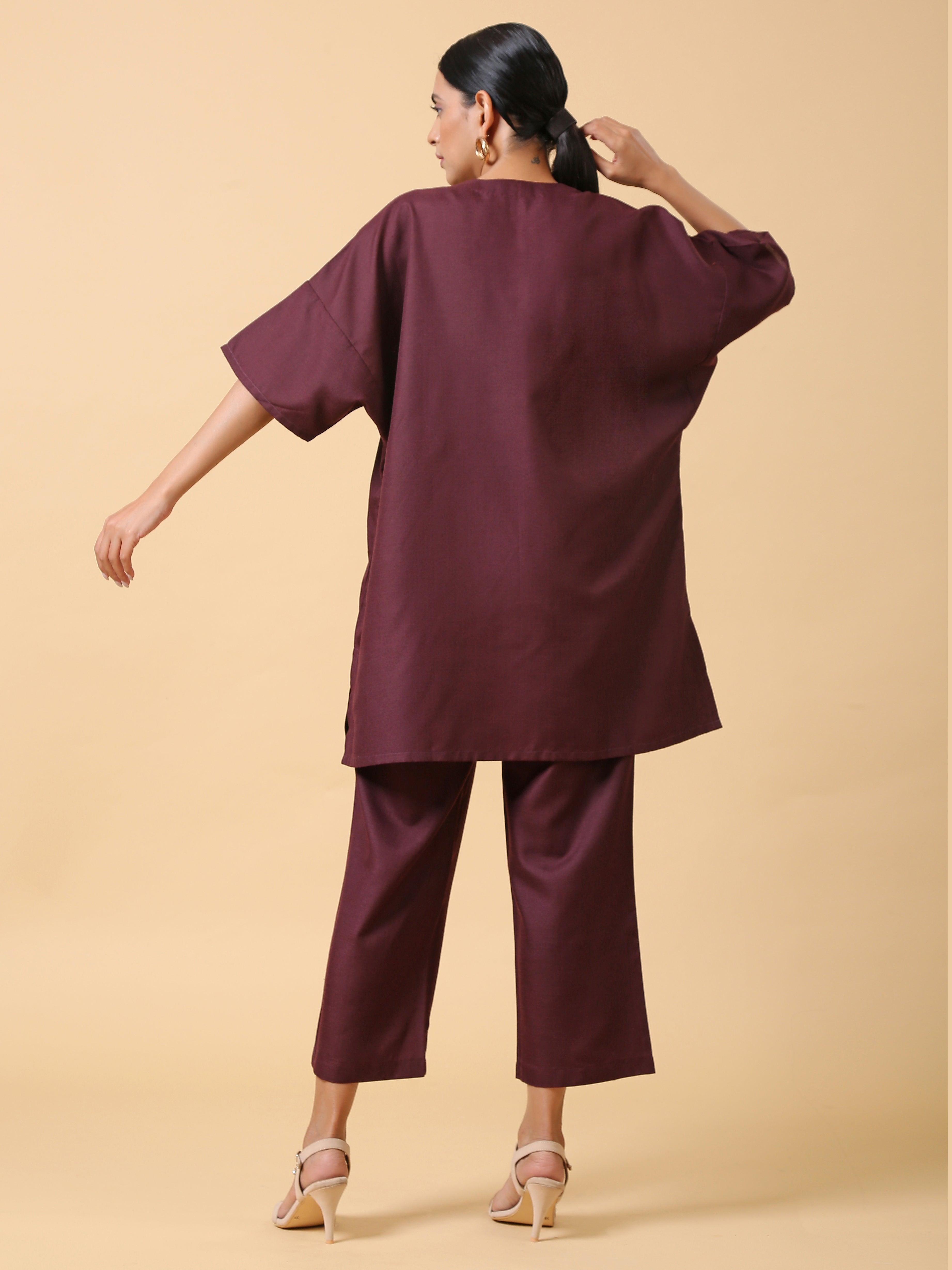 trueBrowns Cotton Linen Purple Boxy Fit Co-Ord Set - Distacart