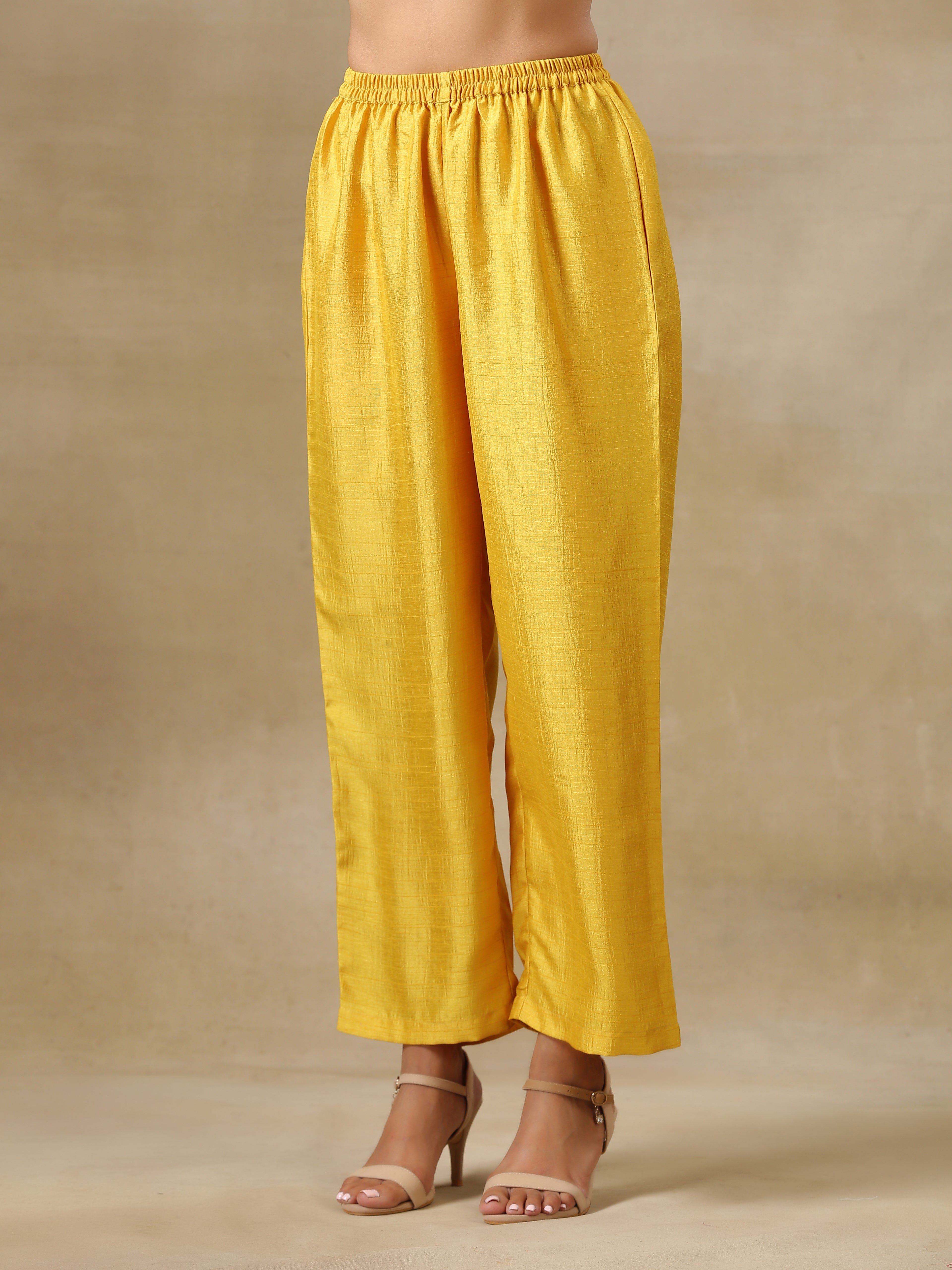 trueBrowns Yellow Textured Silk High Slit Gathered Kurta Set - Distacart