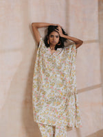 Thumbnail for trueBrowns Pink Yellow Floral On White Block Print Cotton Panel Kaftan Kurta Pant Set - Distacart