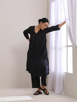Thumbnail for trueBrowns Black Dobby Flared Slit Kurta Pant Set - Distacart