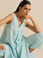 Thumbnail for trueBrowns Sky Blue Slub Sleeveless Flared Kurta Pant Set - Distacart