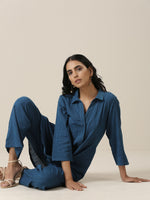 Thumbnail for trueBrowns Classic Blue Slub Texture Collar Short Co-Ord Set - Distacart