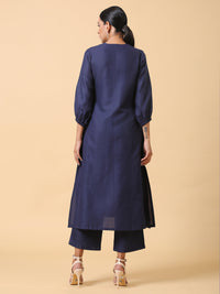Thumbnail for trueBrowns Cotton Linen Dark Blue Kurta Pant Set - Distacart