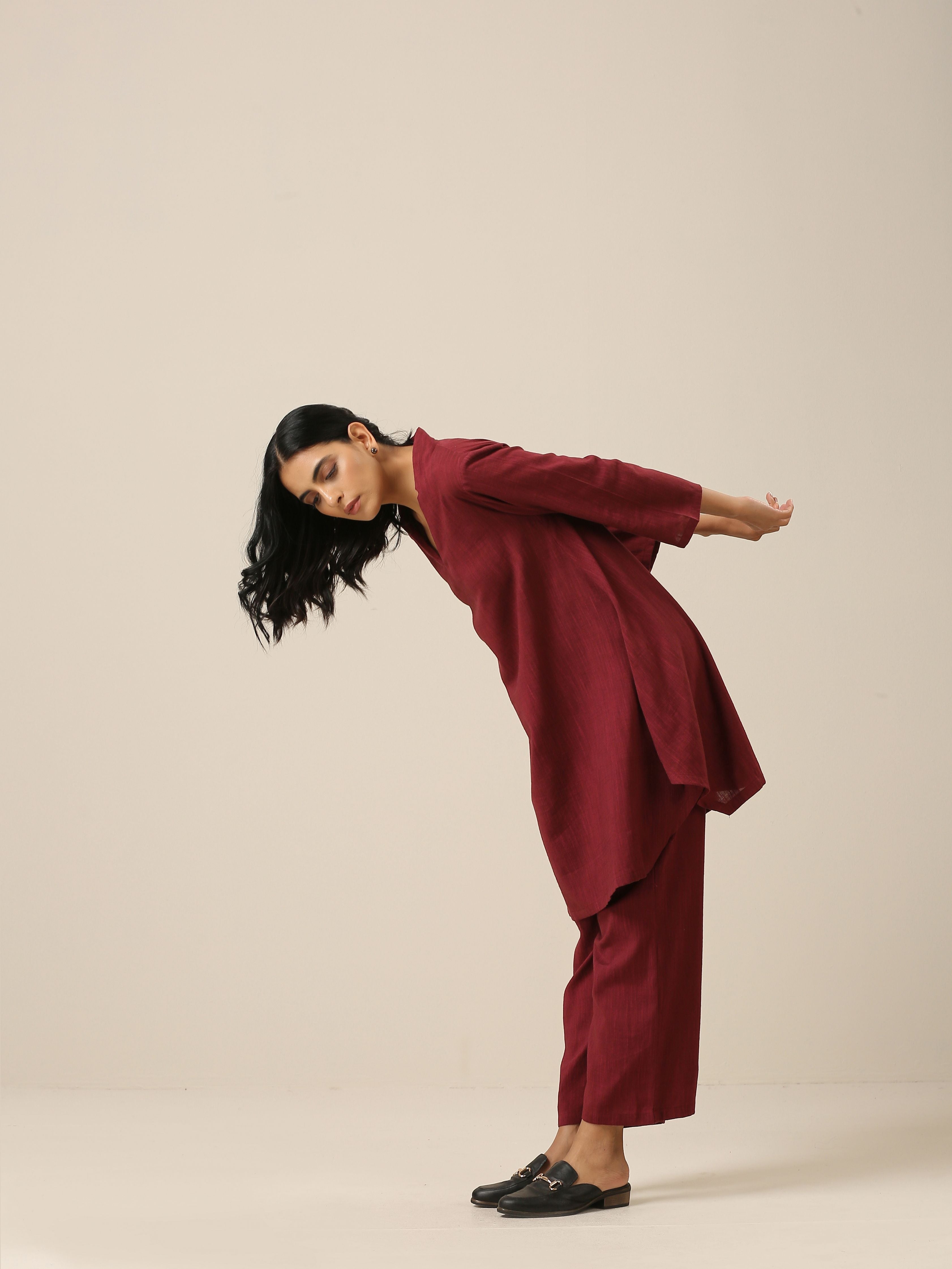 trueBrowns Ruby Wine Slub Textured Collar Co-Ord Set - Distacart