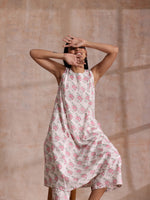 Thumbnail for trueBrowns Pink Green Buta On White Block Print Cotton High-Low Co-Ord Set - Distacart