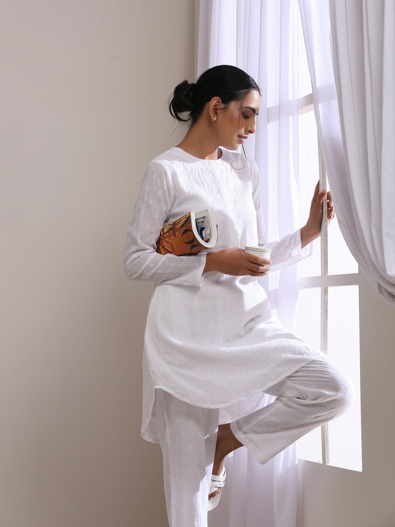 trueBrowns White Dobby Front Placket Co-Ord Set - Distacart