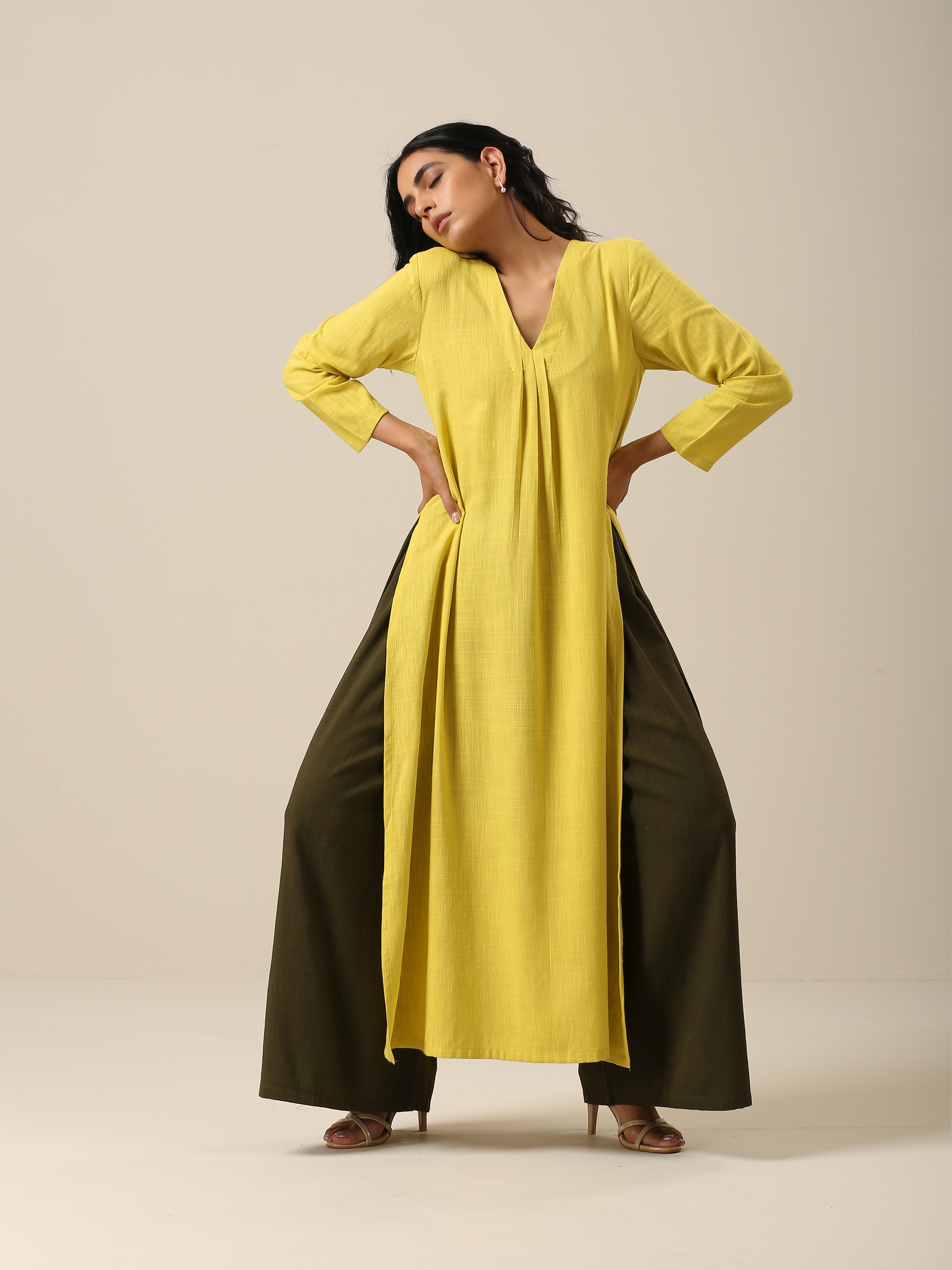 trueBrowns Lime Slub Texture Slit Kurta Palazzo Set - Distacart