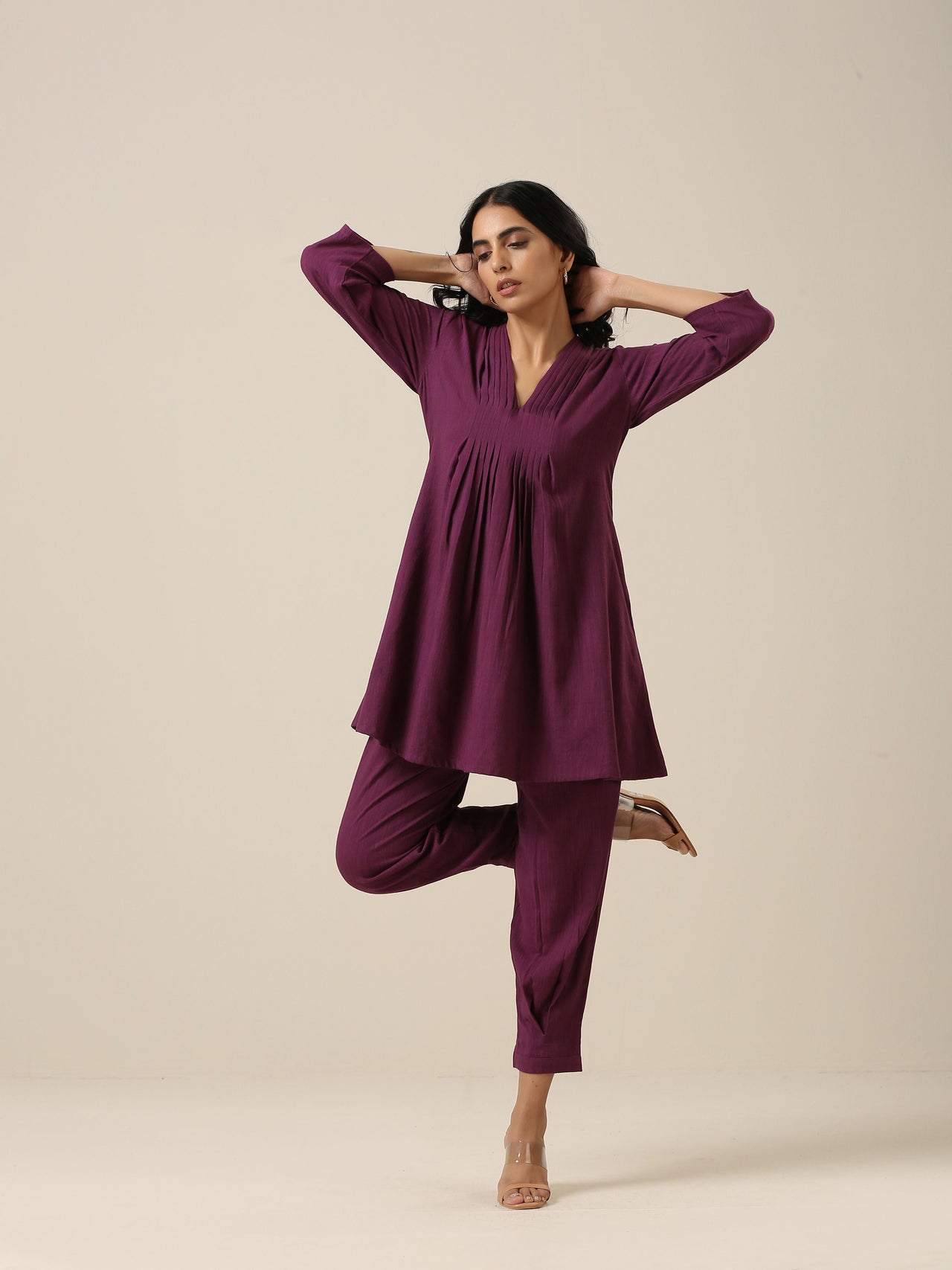 trueBrowns Plum Purple Slub Texture Pleated Co-Ord Set - Distacart