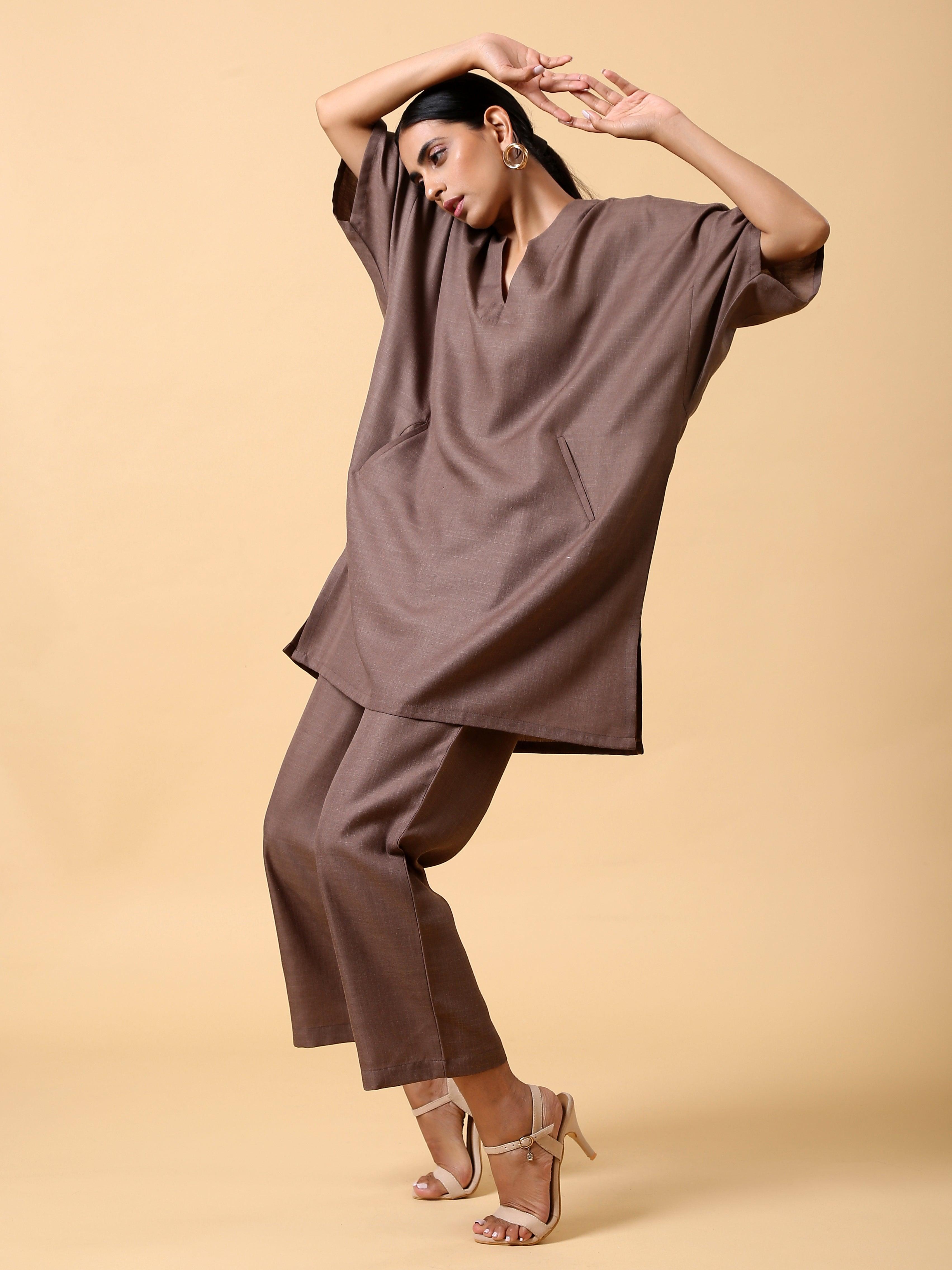 trueBrowns Cotton Linen Burnt Brown Boxy Fit Co-Ord Set - Distacart