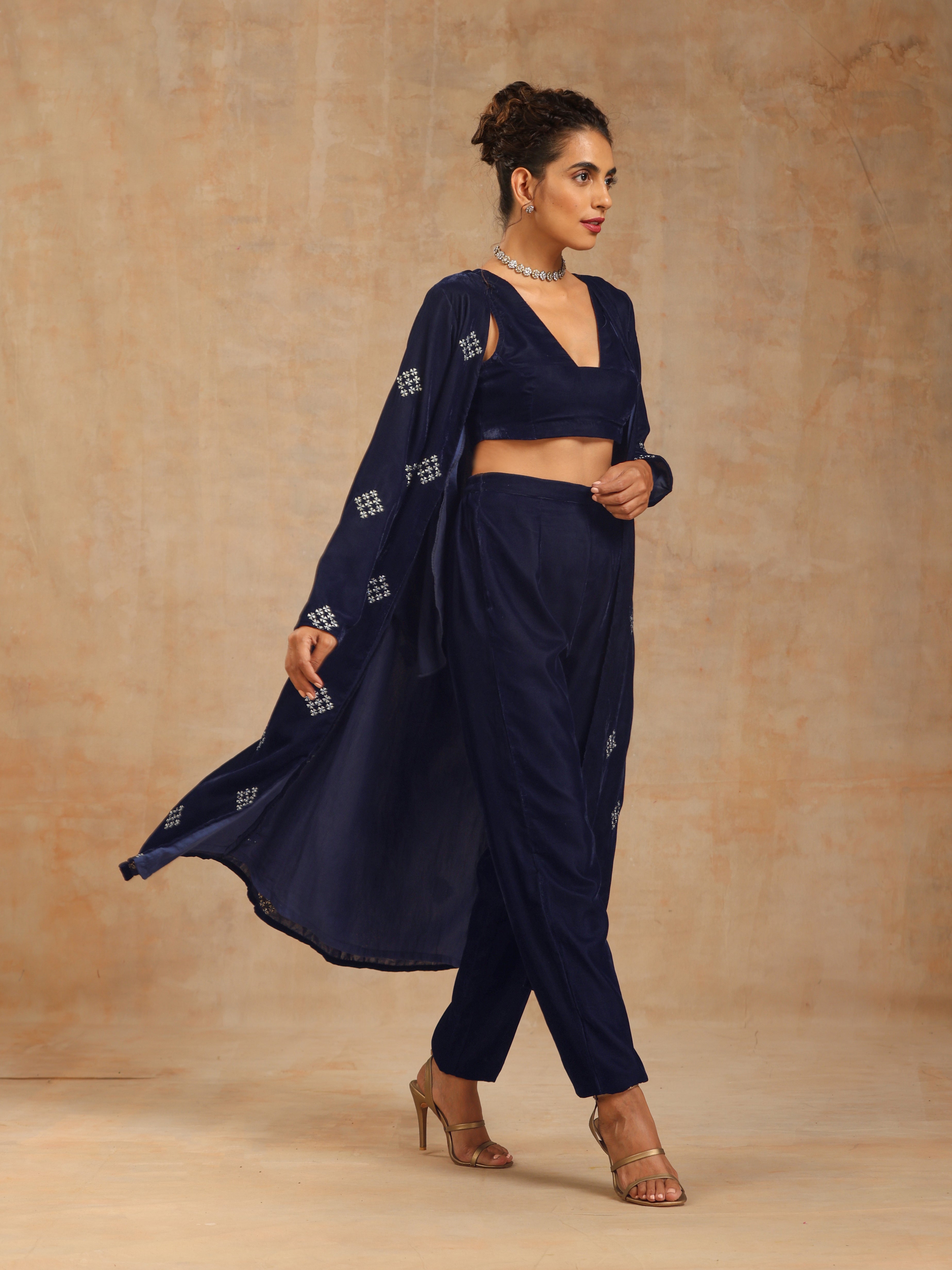 trueBrowns Midnight Blue Velvet Embroidered Jacket Set - Distacart