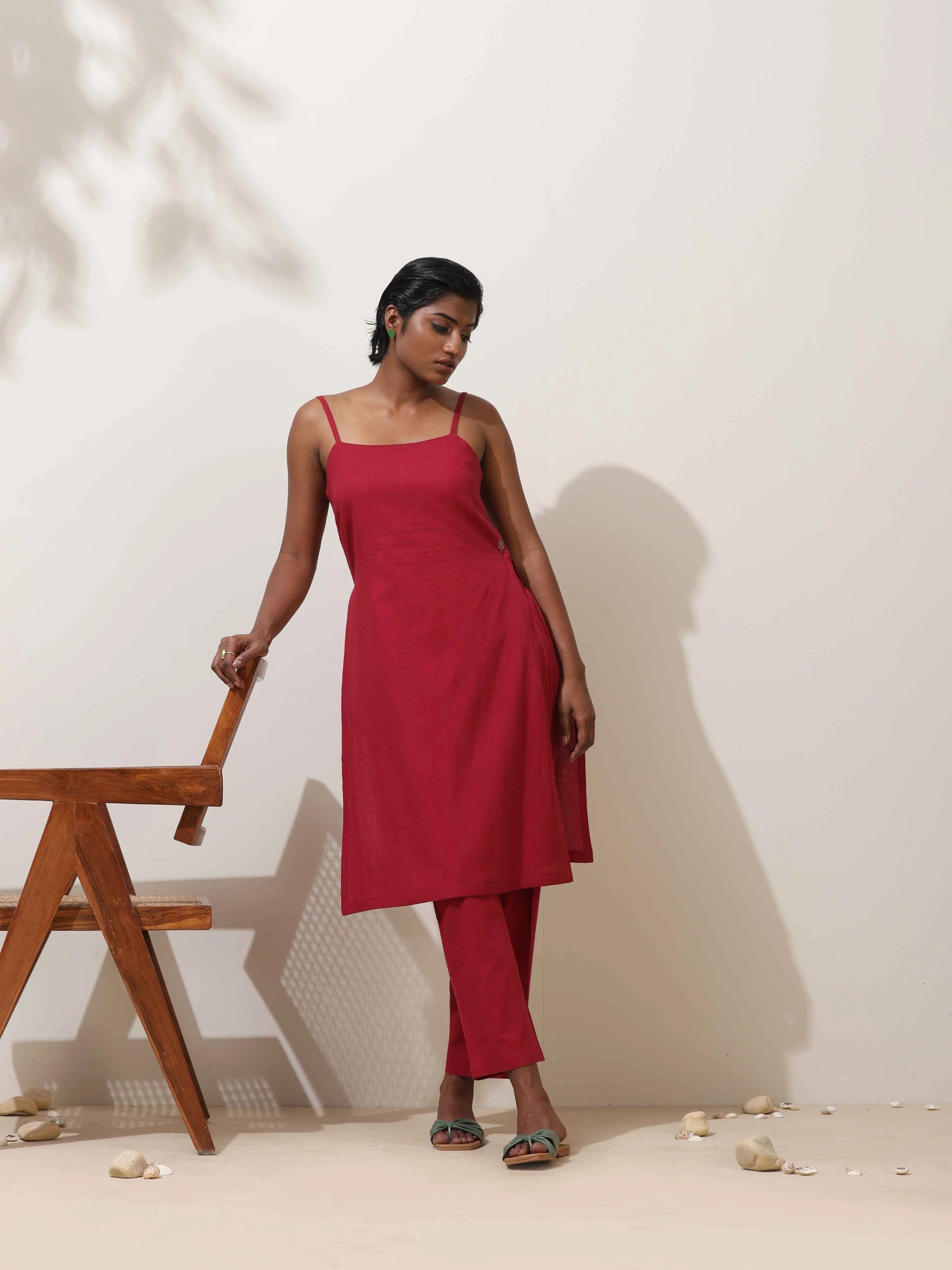 trueBrowns Maroon Cotton Linen Kurta Co-Ord Set - Distacart