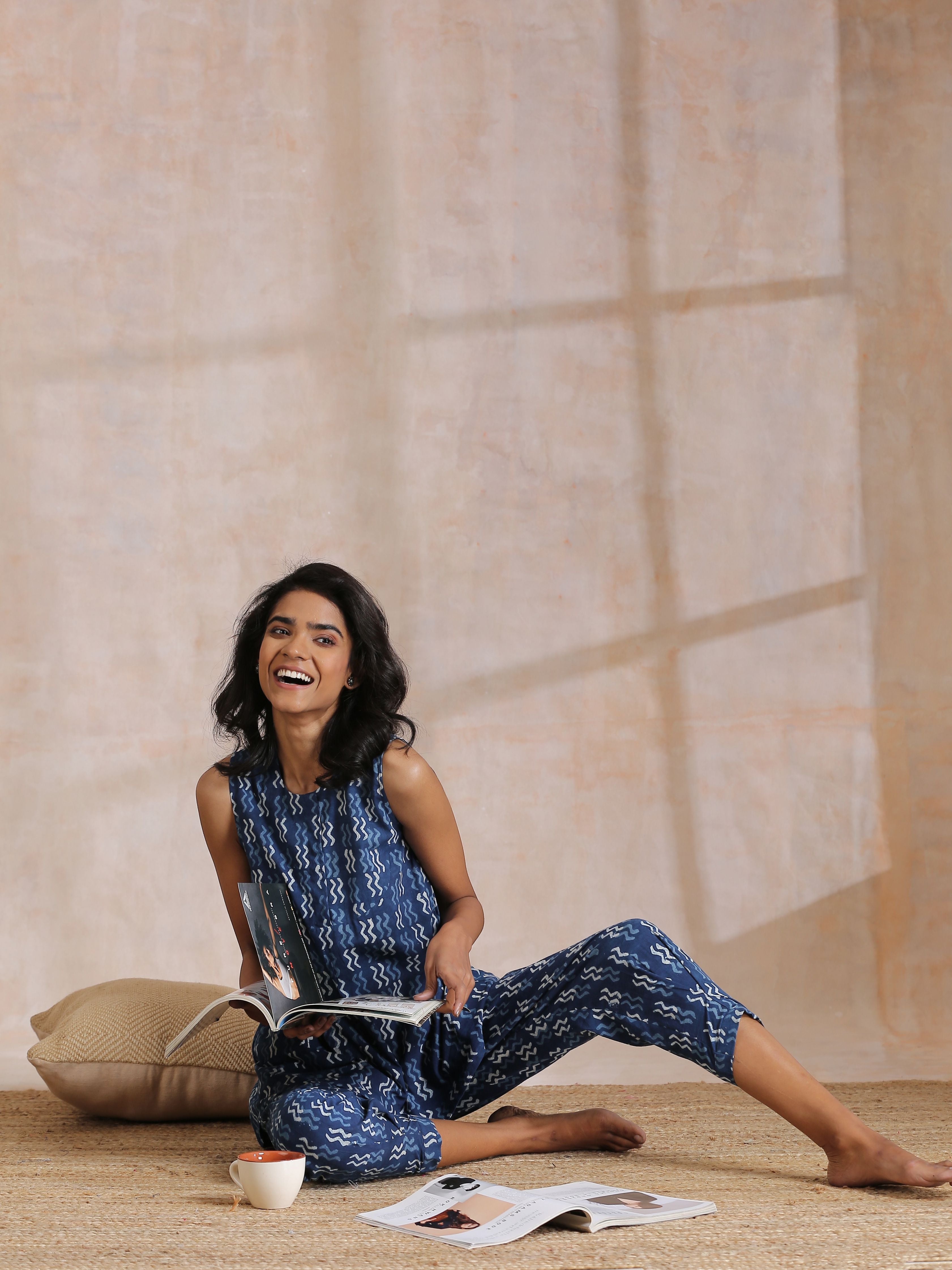 trueBrowns Indigo Dabu Zig-Zag Motifs Print Cotton Sleeveless Co-Ord Set - Distacart