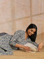 Thumbnail for trueBrowns Blue Grey Overall Floral Block On White Print Cotton Kurta Pant Set - Distacart