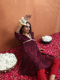 Thumbnail for trueBrowns Purple Floral Print Anarkali Kurta Co-ord Set