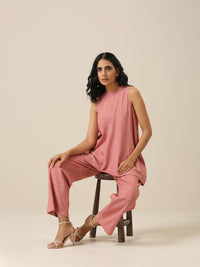 Thumbnail for trueBrowns Light Mauve Slub Textured Sleeveless Short Co-Ord Set - Distacart
