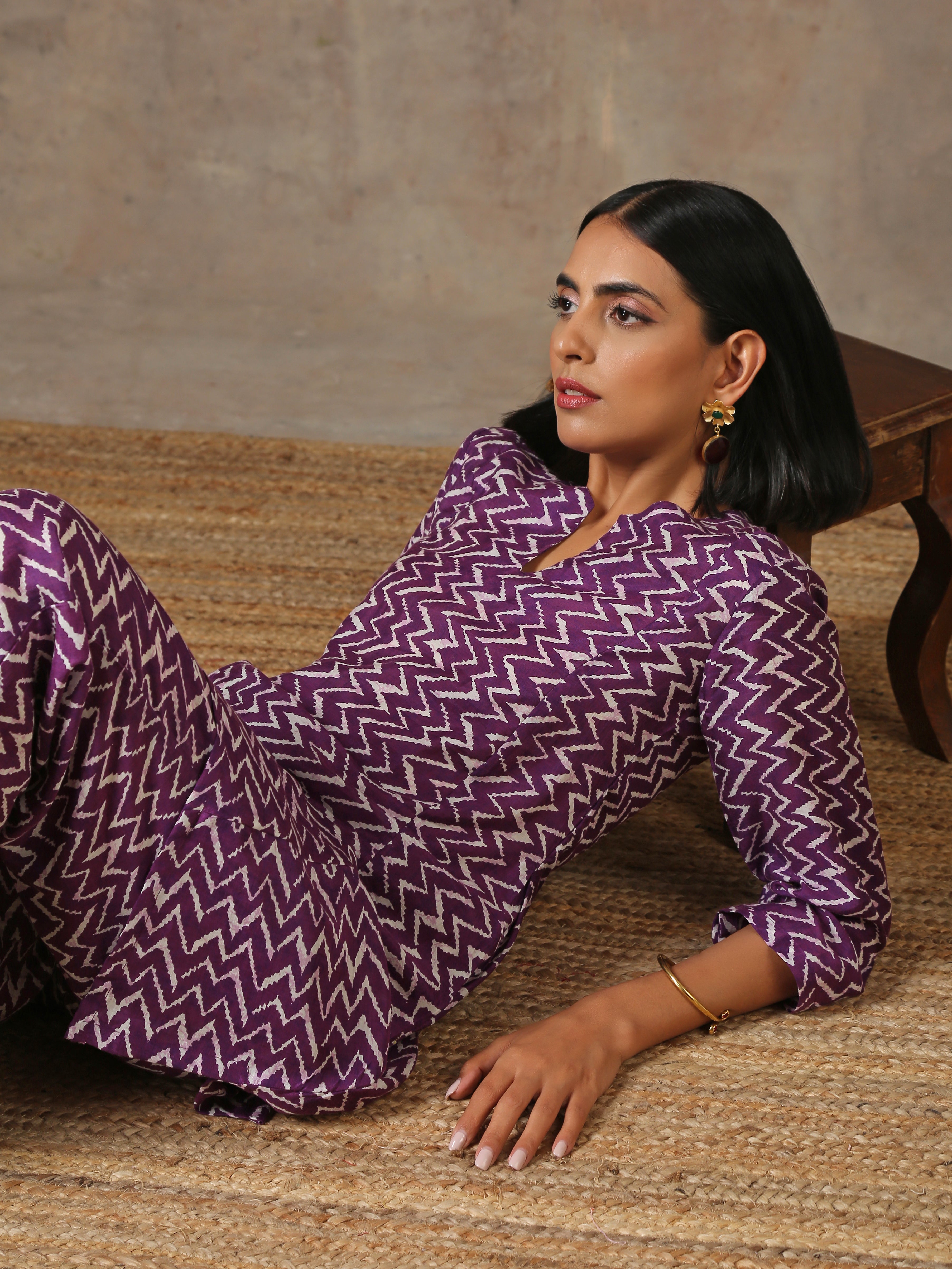 trueBrowns Purple White Lehariya Printed Silk Co-Ord Set - Distacart