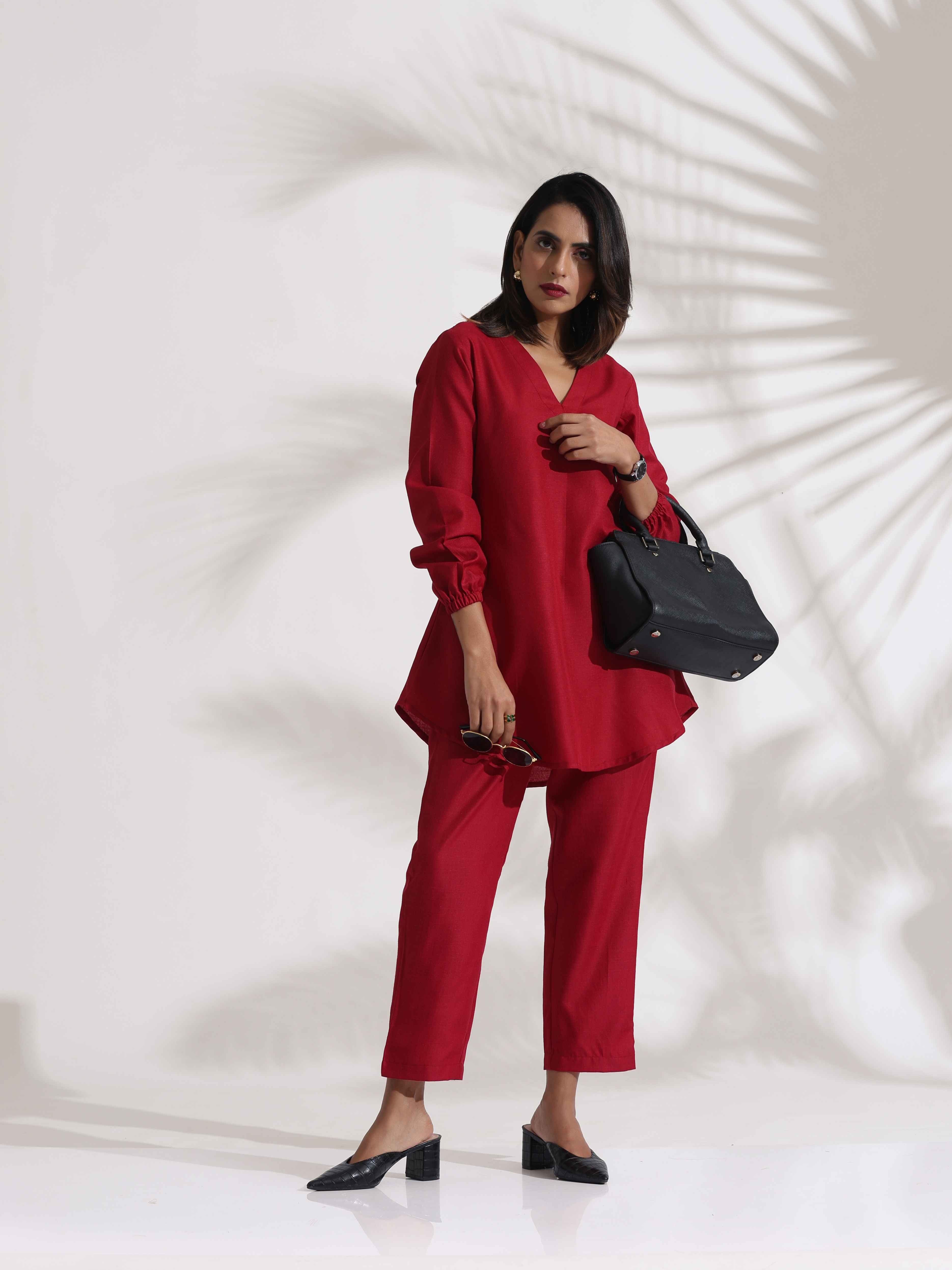 trueBrowns Maroon Slub Co-ord Set - Distacart