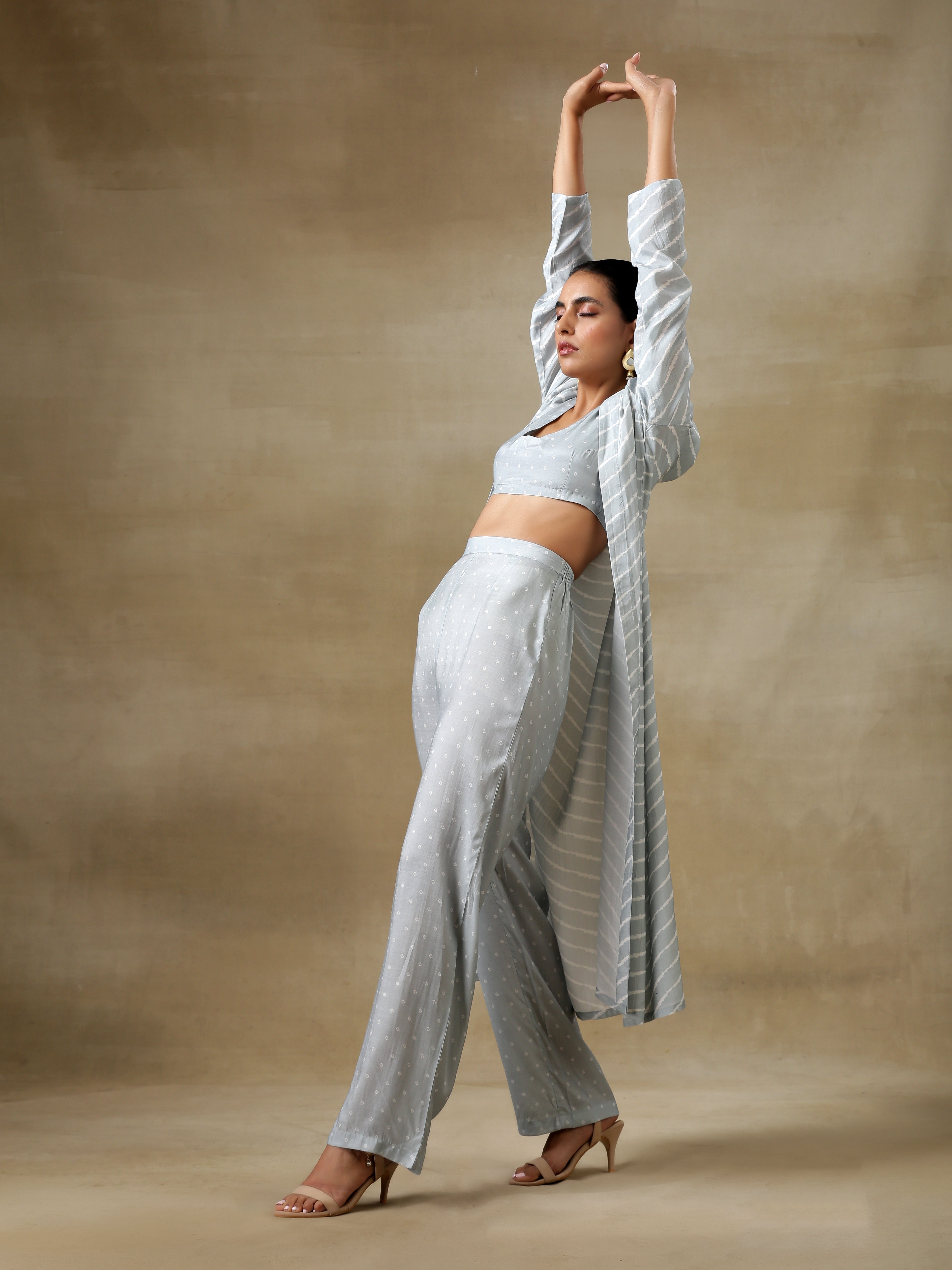 trueBrowns Grey Bandhani Printed Silk Overlay Jacket Blouse Pant Set - Distacart