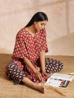 Thumbnail for trueBrowns Rust Red Bagru Floral Print Cotton Panel Kaftan Kurta Pant Set - Distacart