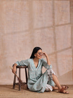 Thumbnail for trueBrowns Tiffany Blue Floral Block Print Cotton Front Neck Gathered Kurta Pant Set - Distacart