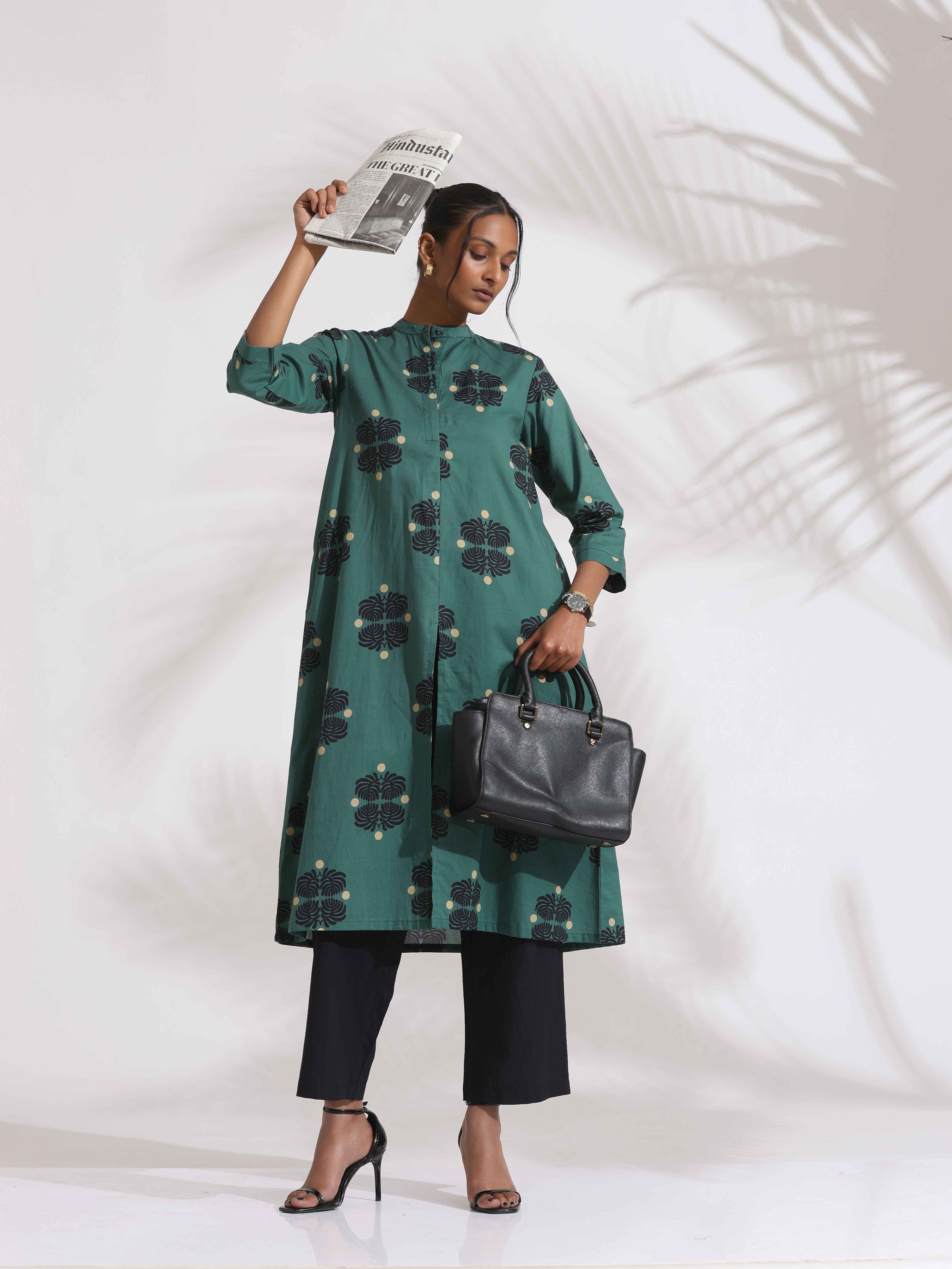 trueBrowns Green Cotton Print Front Slit Kurta Set - Distacart