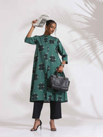 Thumbnail for trueBrowns Green Cotton Print Front Slit Kurta Set - Distacart