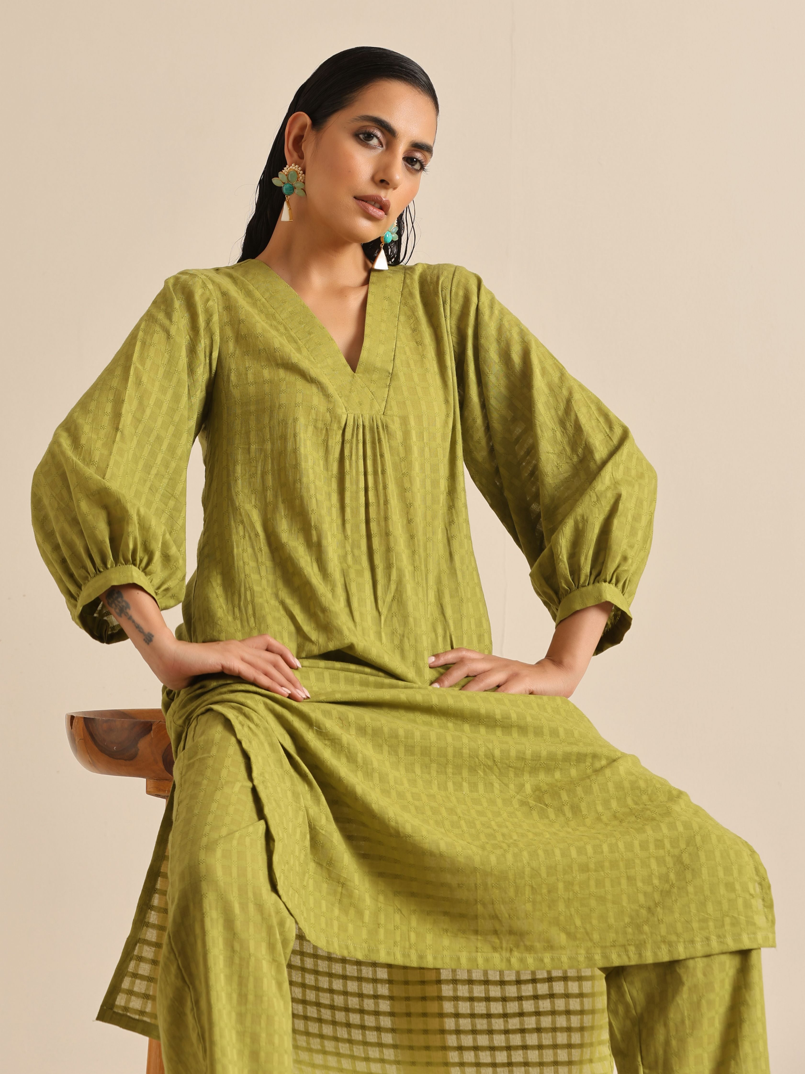 trueBrowns Fresh Green Dobby Puff Sleeve Kurta Pant Set - Distacart