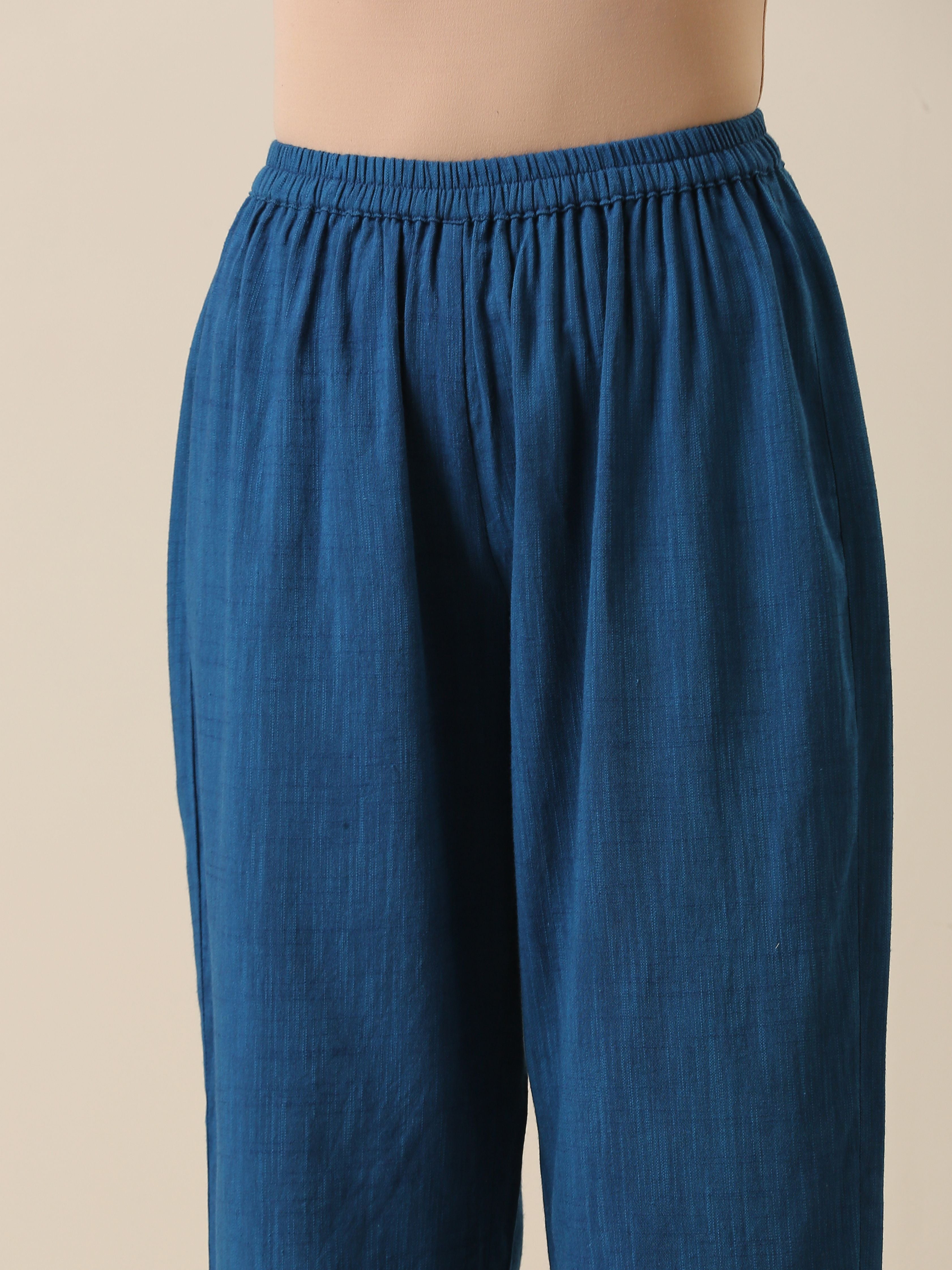 trueBrowns Classic Blue Slub Texture Sleeveless Flared Kurta Pant Set - Distacart