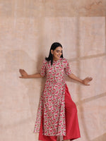Thumbnail for trueBrowns Pink Brown Overall Floral On White Block Print Cotton Slit Kurta Pant Set - Distacart