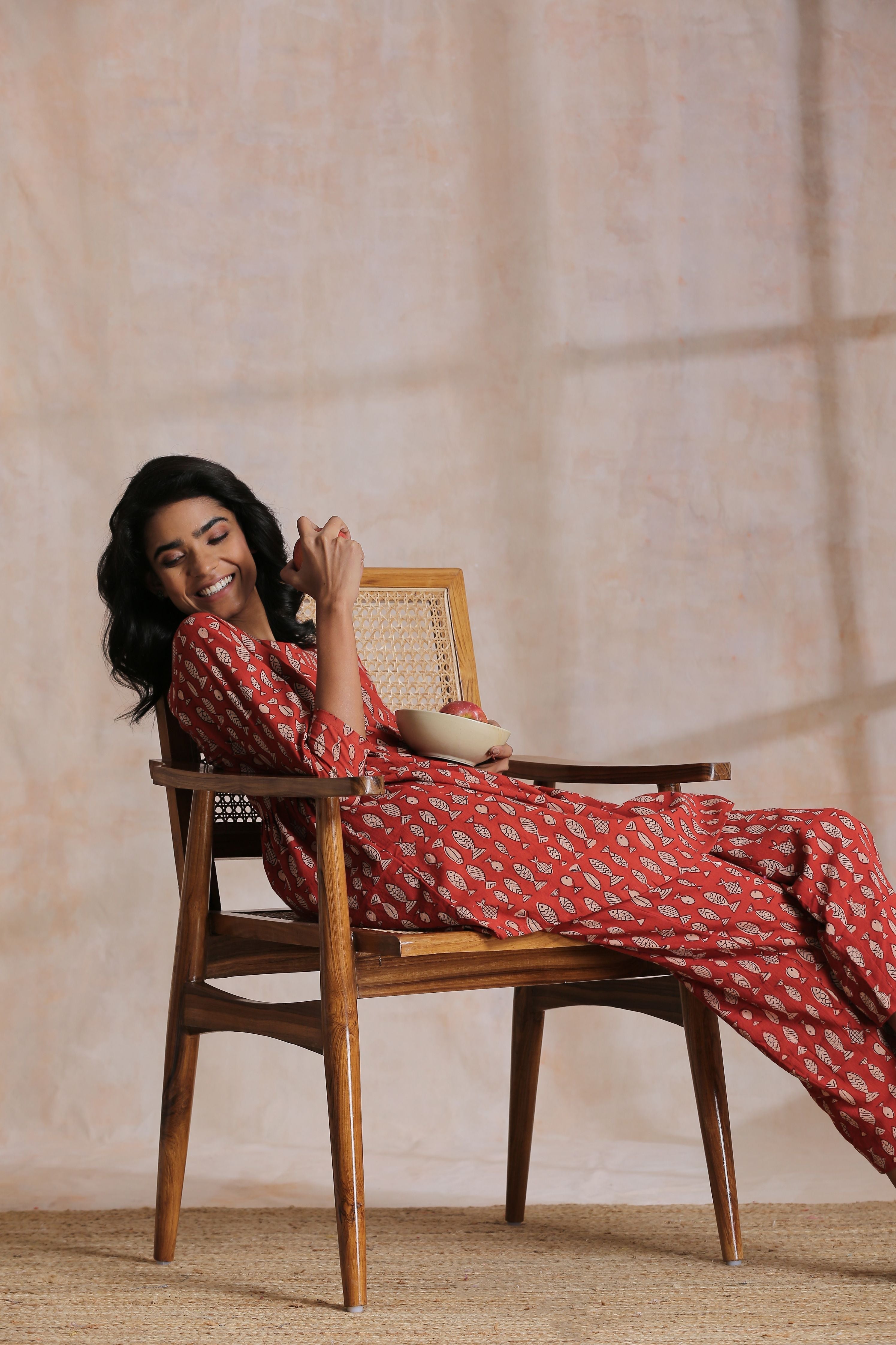 trueBrowns Rust Red Bagru Fish Print Cotton Gathers Co-Ord Set - Distacart