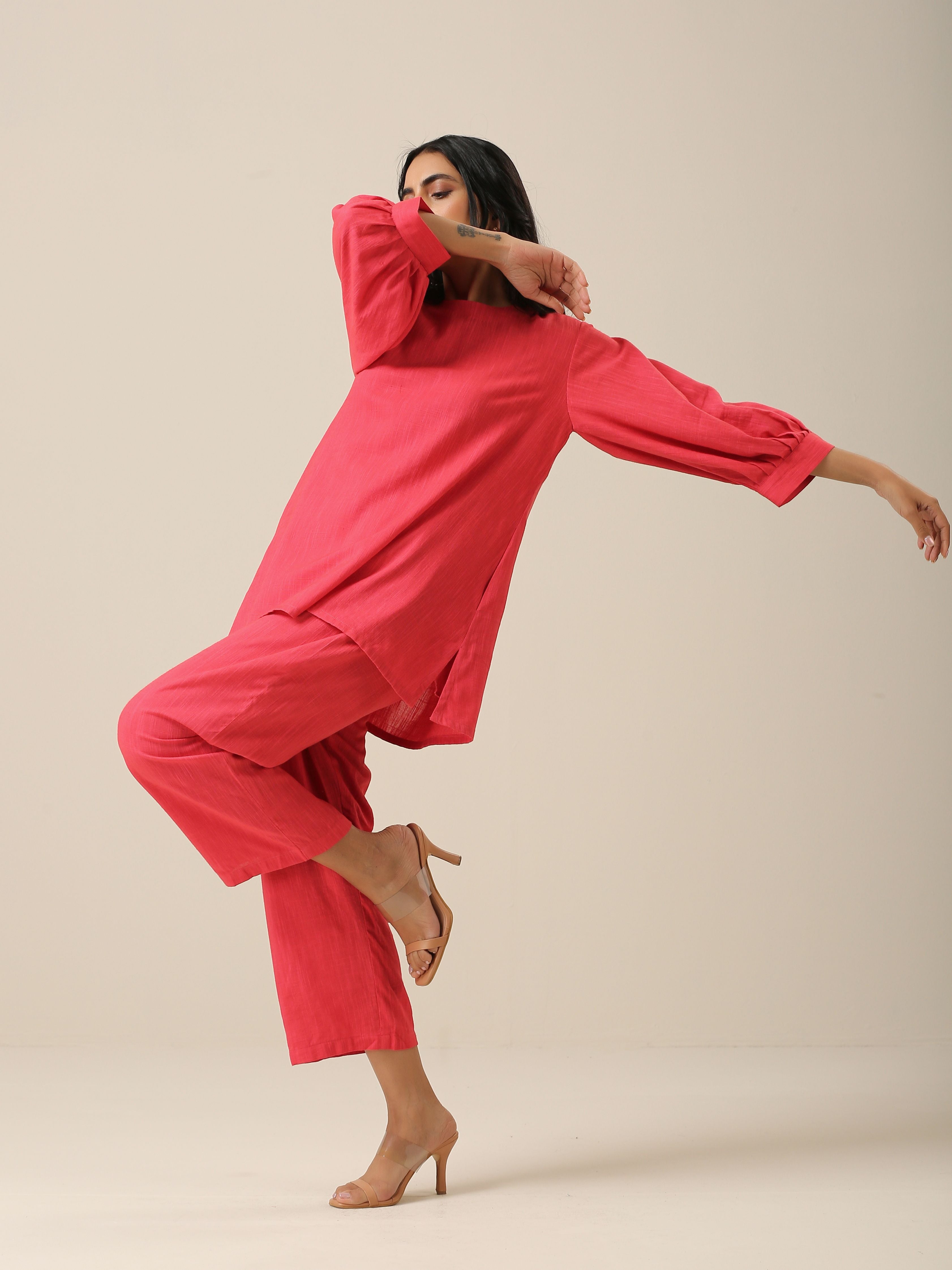 trueBrowns Bright Pink Slub Texture Baggy Sleeve Co-Ord Set - Distacart