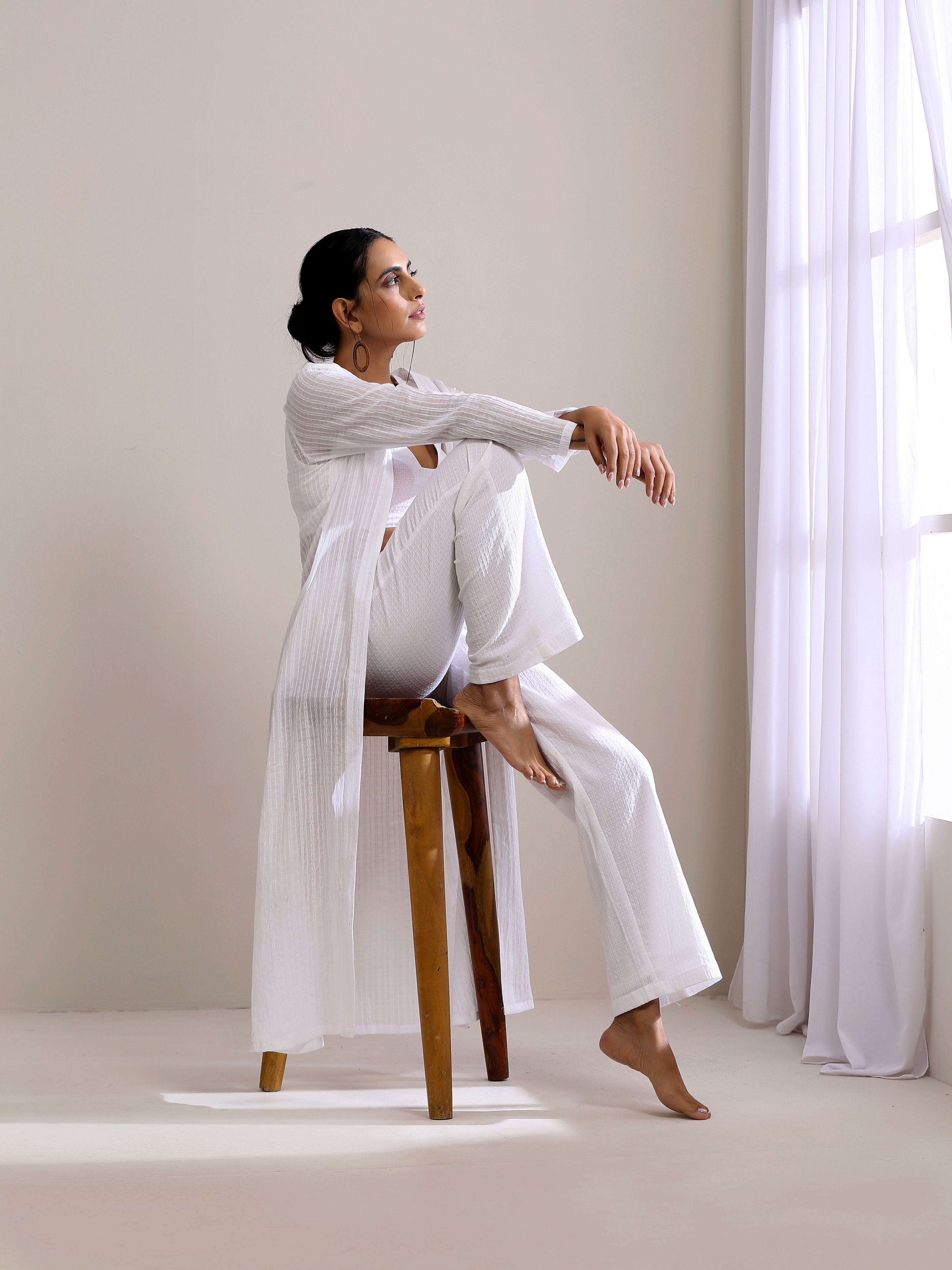 trueBrowns White Dobby Overlay Jacket Blouse Pant Set - Distacart