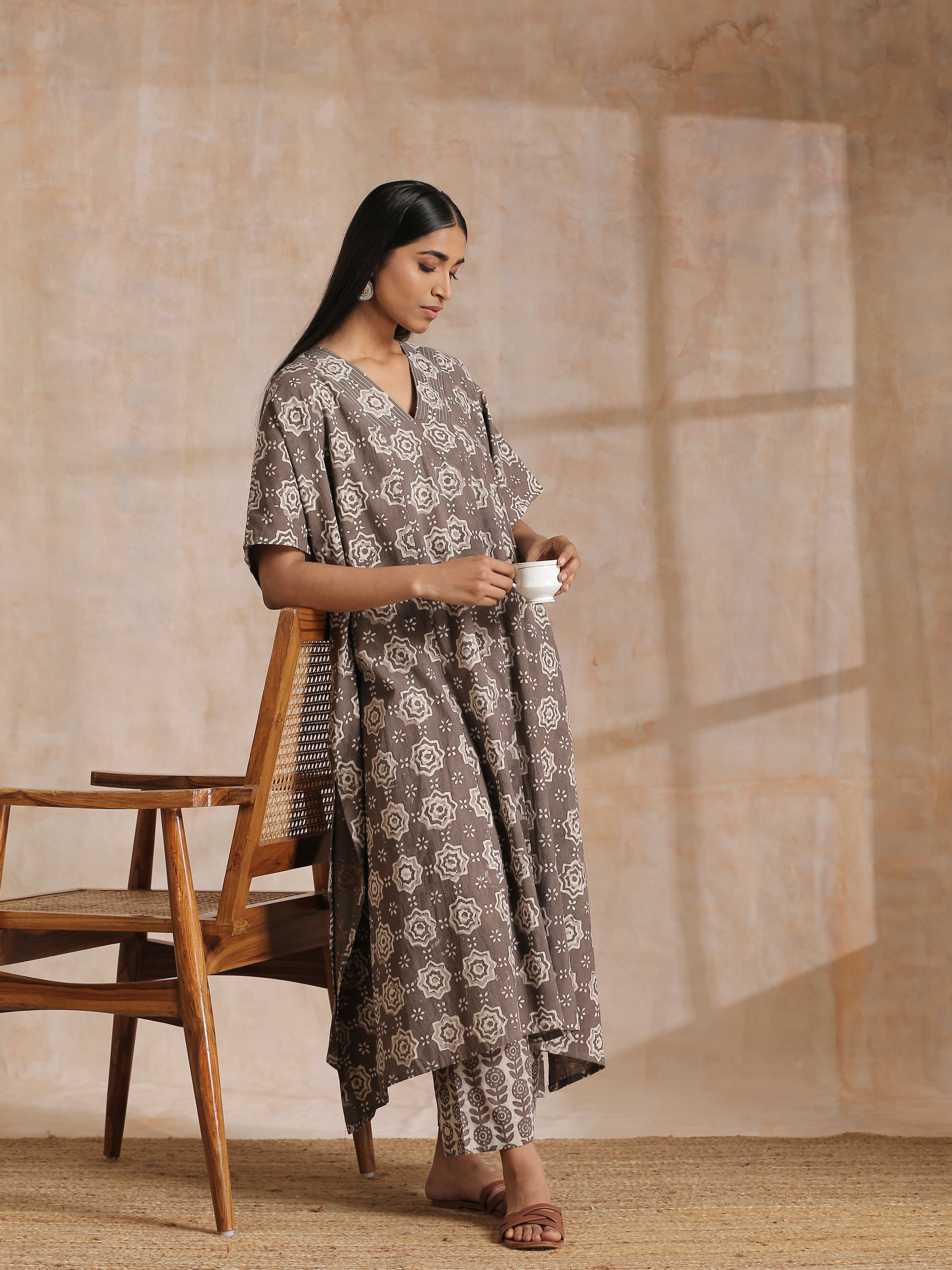 trueBrowns Clay Dabu Overall Print Cotton Panel Kaftan Kurta Pant Set - Distacart