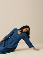 Thumbnail for trueBrowns Classic Blue Slub Texture Overlap Pleat Kurta Pant Set - Distacart