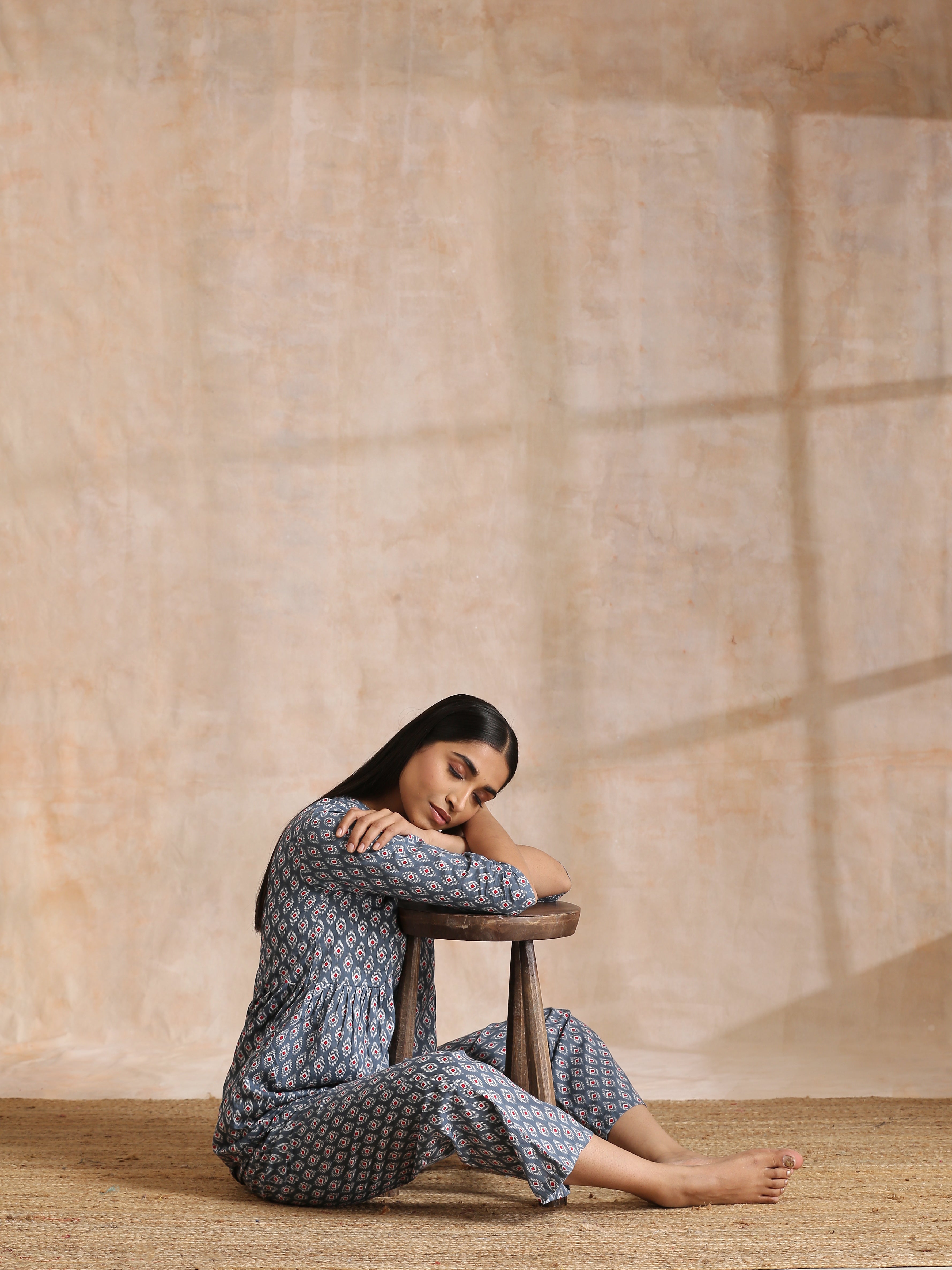 trueBrowns Steel Grey Ikat Print Cotton Gathers Co-Ord Set - Distacart