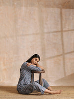 Thumbnail for trueBrowns Steel Grey Ikat Print Cotton Gathers Co-Ord Set - Distacart