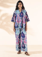 Thumbnail for trueBrowns Blue Cotton Ikat V-neck Co-ord Set - Distacart