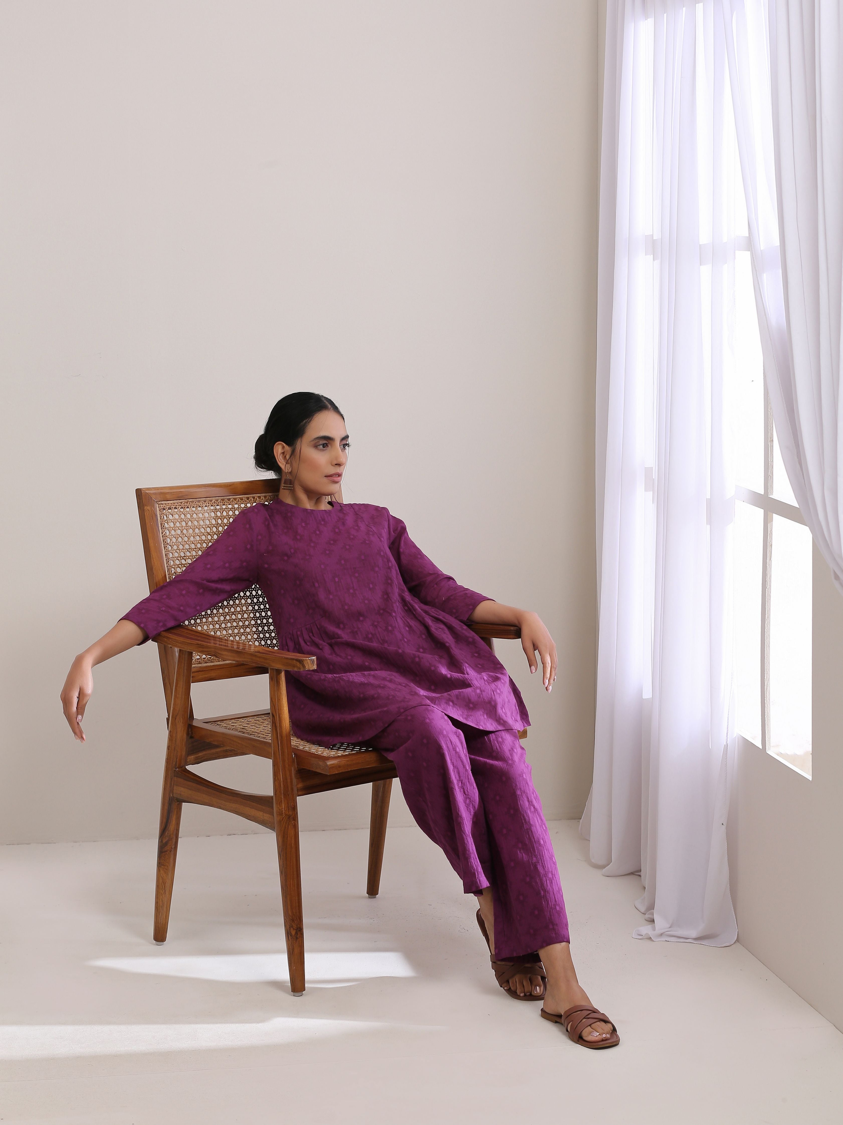 trueBrowns Plum Purple Dobby Gathers Co-Ord Set - Distacart