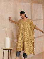Thumbnail for trueBrowns Mustard Dabu Zig-Zag Lines Print Cotton Panel Kaftan Kurta Pant Set - Distacart