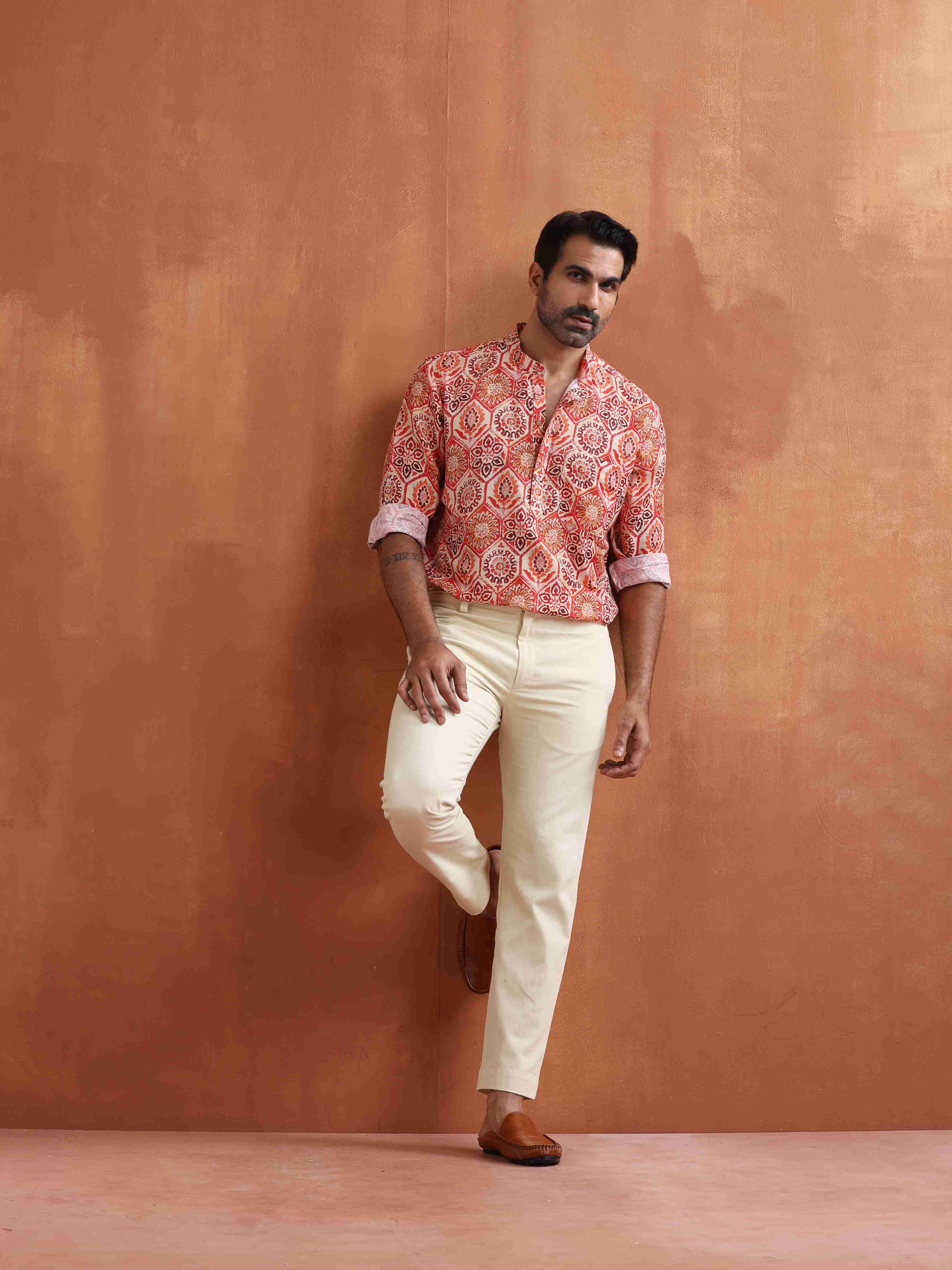 trueBrowns Men's Beige Printed Short Kurta - Distacart