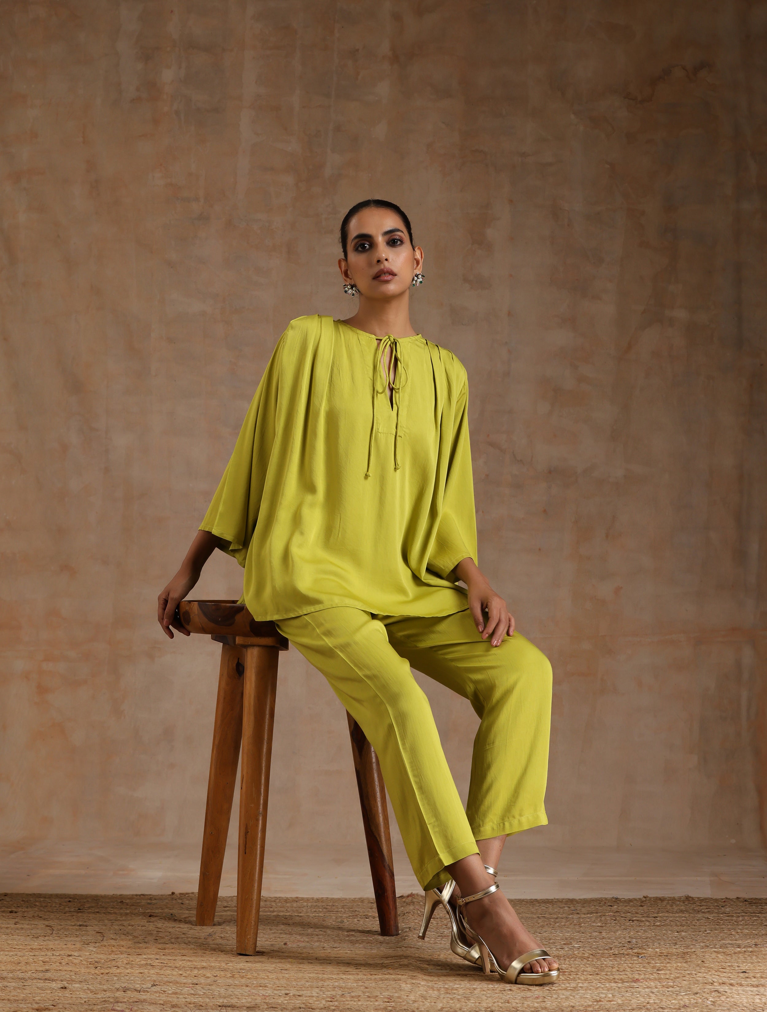 trueBrowns Lime Modal Satin Shoulder Pleat Co-Ord Set - Distacart