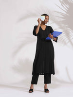 Thumbnail for trueBrowns Black Cotton High Slit Kurta Set - Distacart